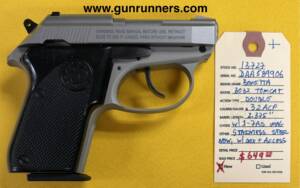 Beretta, new, Model 3032 Inox Tomcat, 7.65mm/.32ACP caliber, double action semi auto pistol, stainless steel, 2.375” barrel, manual safety, 1-7 round magazine, nylon pouch, w/original box and all accessories.     This pistol features a unique “tip up” barrel design which makes loading/unloading quite easy.