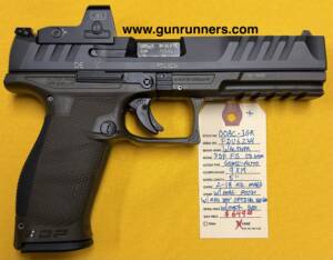 Walther, used, Model PDP FS (full size), 9mm Luger caliber, semi auto pistol, olive drab/black finish, striker fired, 5” barrel, red dot optical sight, 2-18 round magazines, magazine pouch, with original box.    This pistol is in excellent condition.