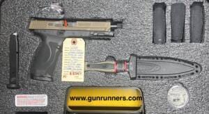 Smith & Wesson, new, Model M&P 9 M2.0, 9mm Luger caliber, semi auto pistol, optics ready, bitone finish, 4.25” suppressor ready barrel, 2-17 round magazines, 4 backstraps, knife/sheath, challenge coin, new, w/box and all accessories.