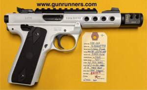 Ruger, used, Model MK IV .22/45 Lite, .22LR caliber, semi auto pistol, 4.4” barrel with factory installed Tandem Kross compensator, 2-10 round magazines, 1913 optics rail, light weight, easy takedown, white finish, and original box.