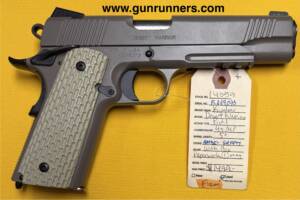Kimber, used, Model 1911 Desert Warrior, .45ACP caliber, single action, semi auto pistol, 5” barrel, dim tritium sights, tan finish, ambidextrous manual safety, 1913 tactical rail, one magazine, and original box.   This pistol is in excellent condition.