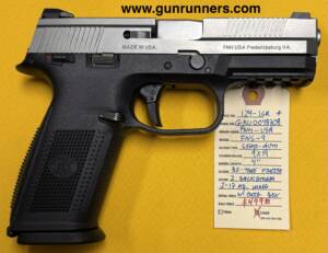 FNH-USA, used, Model FNS-9, 9mm Luger caliber, semi auto pistol, bi-tone finish, striker fired, 4” barrel, 2 back panels, 2-17 round magazines, with original box and manual.