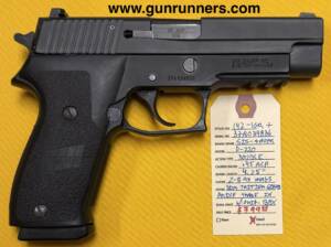 SIG-Sauer, used, Model P-220, .45ACP caliber, double action, semi auto pistol, hammer fired with decocker, 4.25” barrel, dim tritium sights, black finish, tactical rail for accessories, 2-8 round magazines, police trade in, with original box.