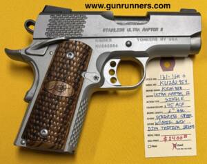 Kimber (Custom Shop), used, Model Stainless Ultra Raptor II, .45ACP caliber, semi auto pistol, single action, 1911 pistol, 3” barrel, stainless steel upper, aluminum alloy lower, 7 round magazine, dim tritium sights, ambidextrous manual safety, with original box.